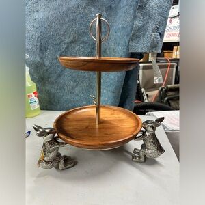 Pottery Barn? Two Tier Triple Rabbit Bunny Wooden Server Stand 12x12x14.5”